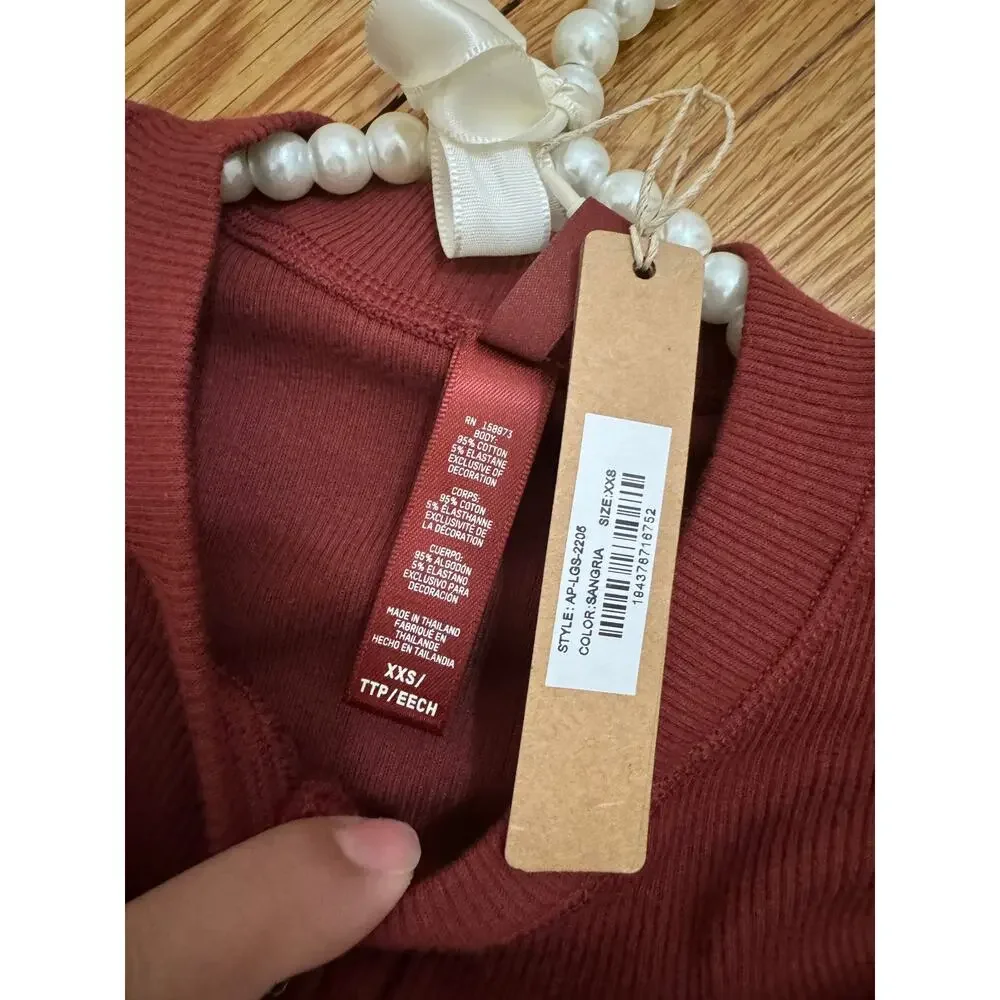 SKIMS Size XXS Cotton Rib Long Sleeve Henley Sangria Ribbed Shirt NWT - Picture 5 of 5